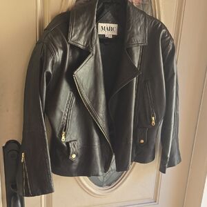 Andrew Marc Black Leather Jacket, Full-Zip Biker Style Jacke with Gold Accents